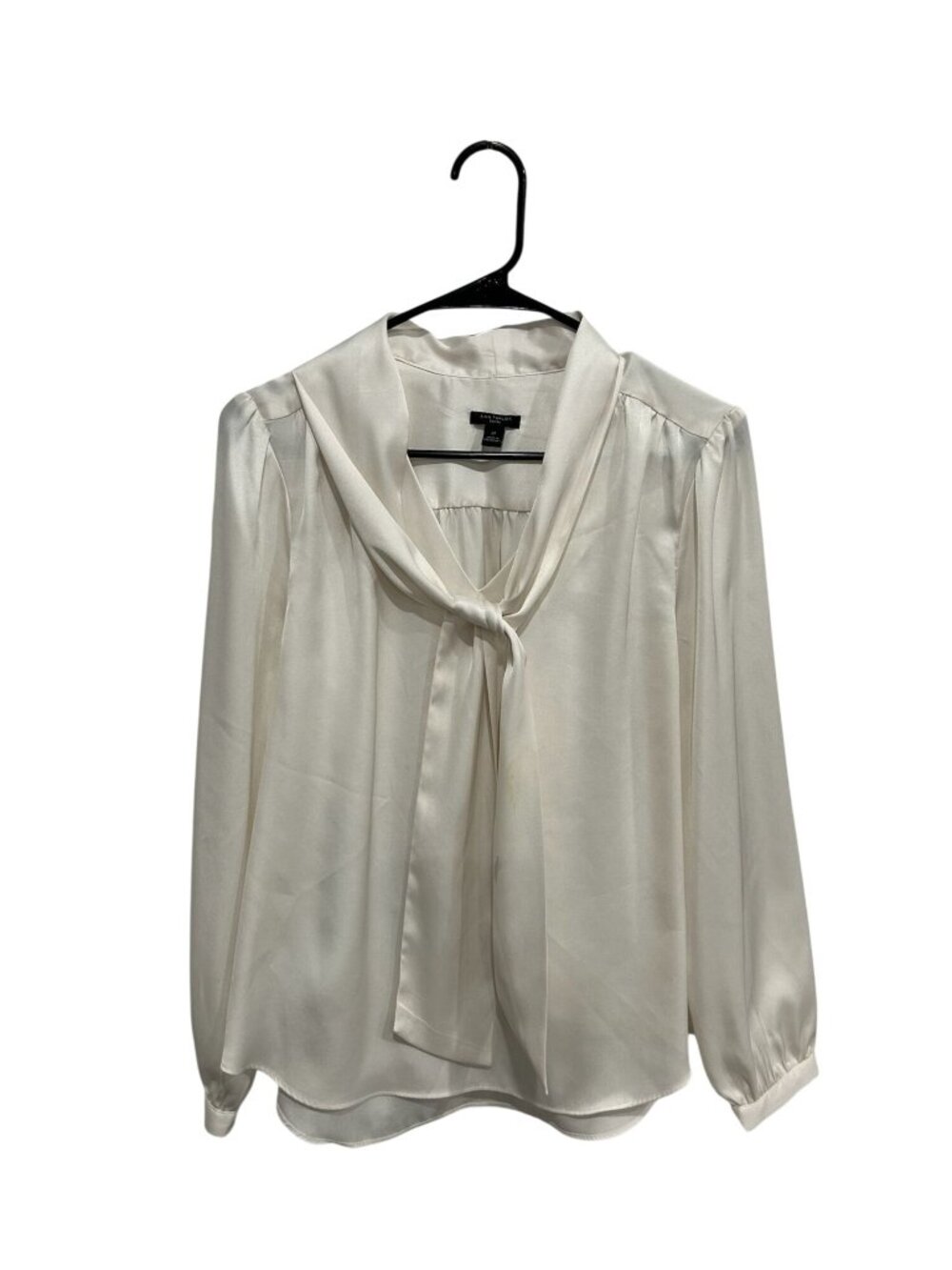 Ann Taylor Large Petite Ivory Long Sleeve Tie-Neck Blouse Minimalist Clean Girl